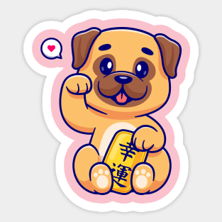 Cute Lucky Pug Dog Holding Gold Coin Cartoon Sticker